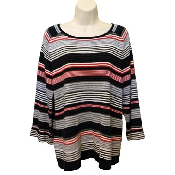 Croft & Barrow Striped Knit Top XL Black Silver Red Gray Scoop Neck 3/4 Sleeve - Picture 2 of 8